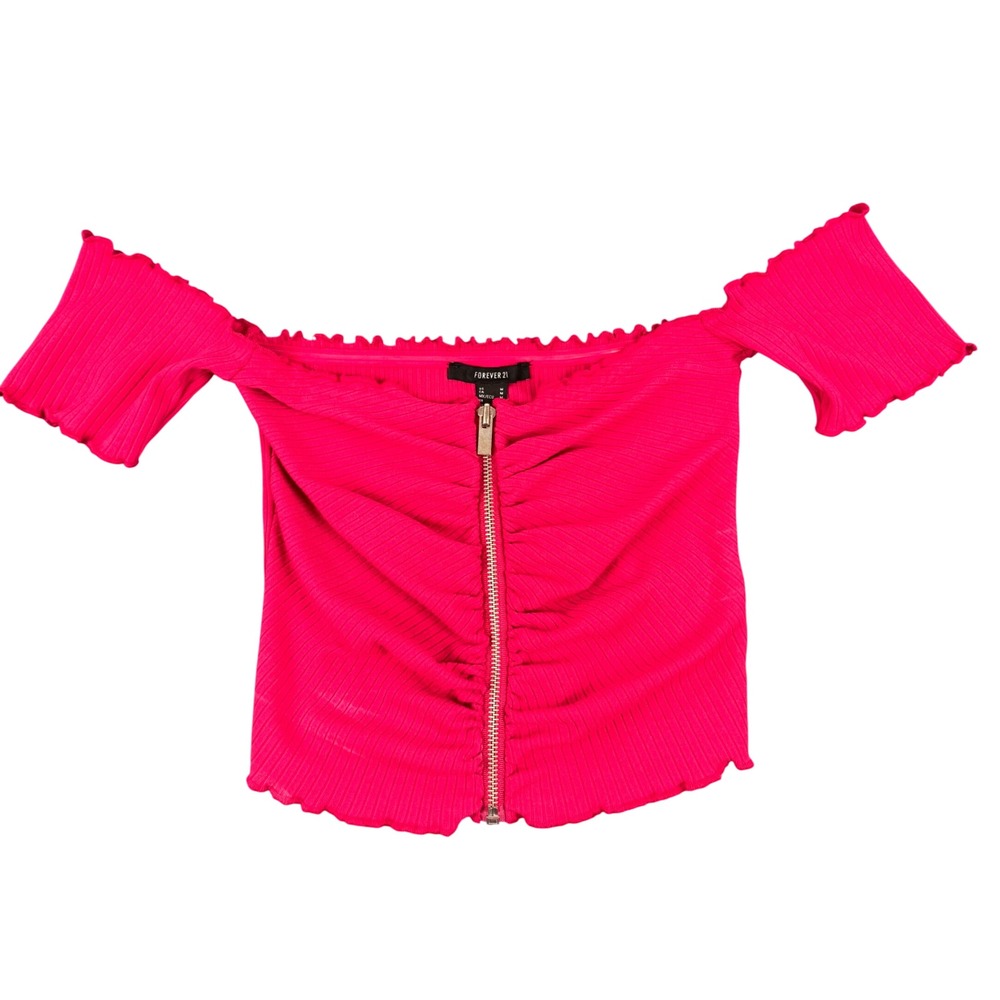 Forever 21 Knit Top Womens Medium Hot‎ Pink Off Shoulder Zipper Front Ruched NEW